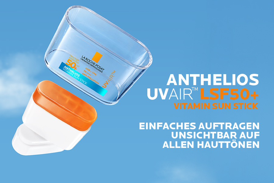 La Roche-Posay Anthelios UV Air Stick LSF 50+ mit Text 'Sofortiger Glow, strahlende Haut, einfaches Auftragen auch über Make-up'.